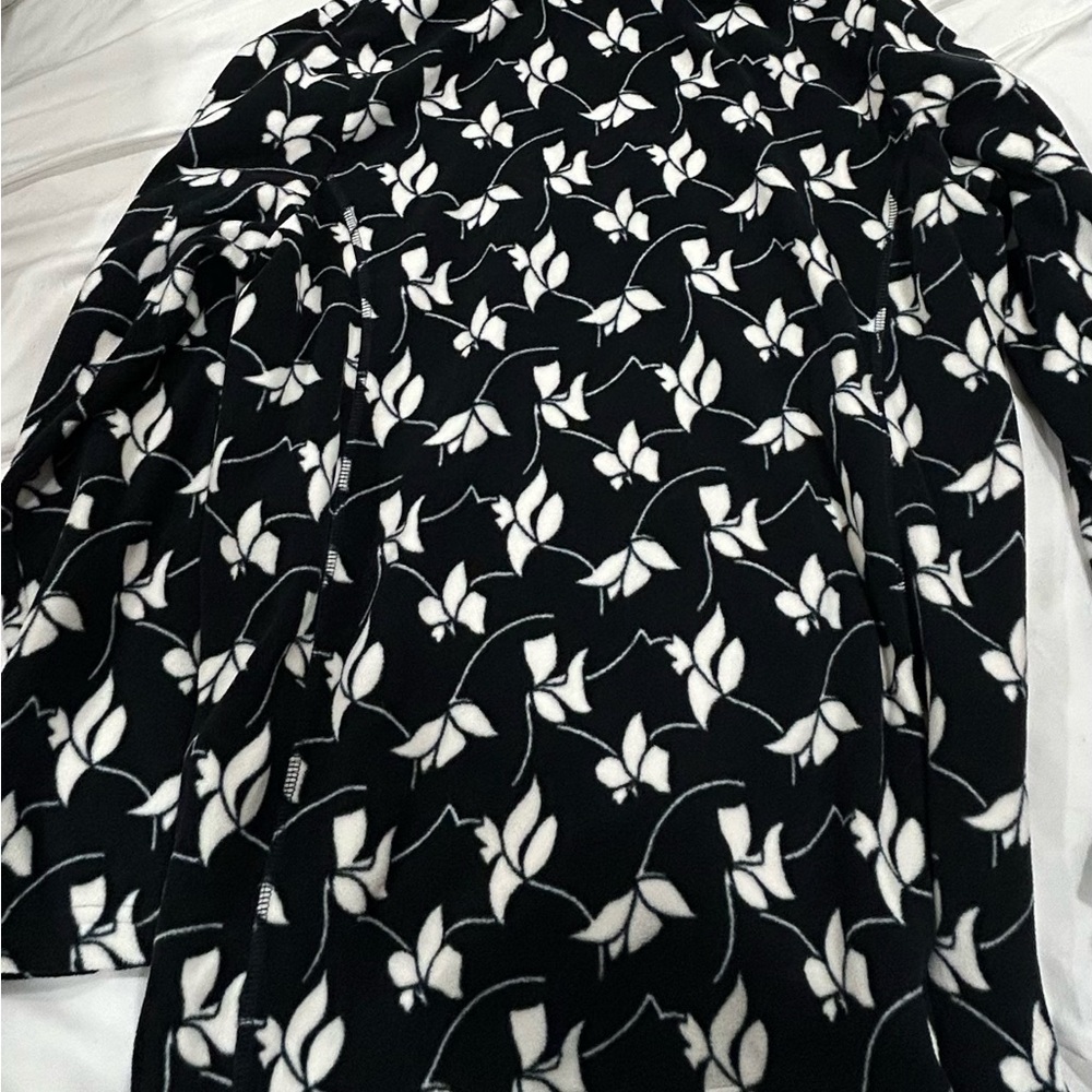 Lands’ End Floral Fleece Pullover XL Black White Quarter Zip Cozy Jacket - Picture 6 of 6